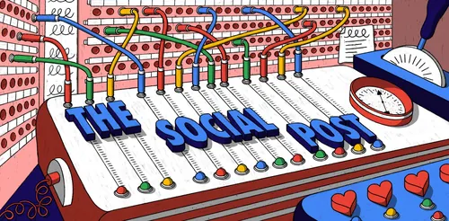 Farbenfroher Audiomixer mit dem Text „THE SOCIAL POST“ und angeschlossenen Kabeln von Rachel Winter