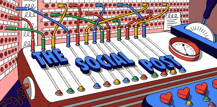 Colorful audio mixer with THE SOCIAL POST text and connected wires by Rachel Winter