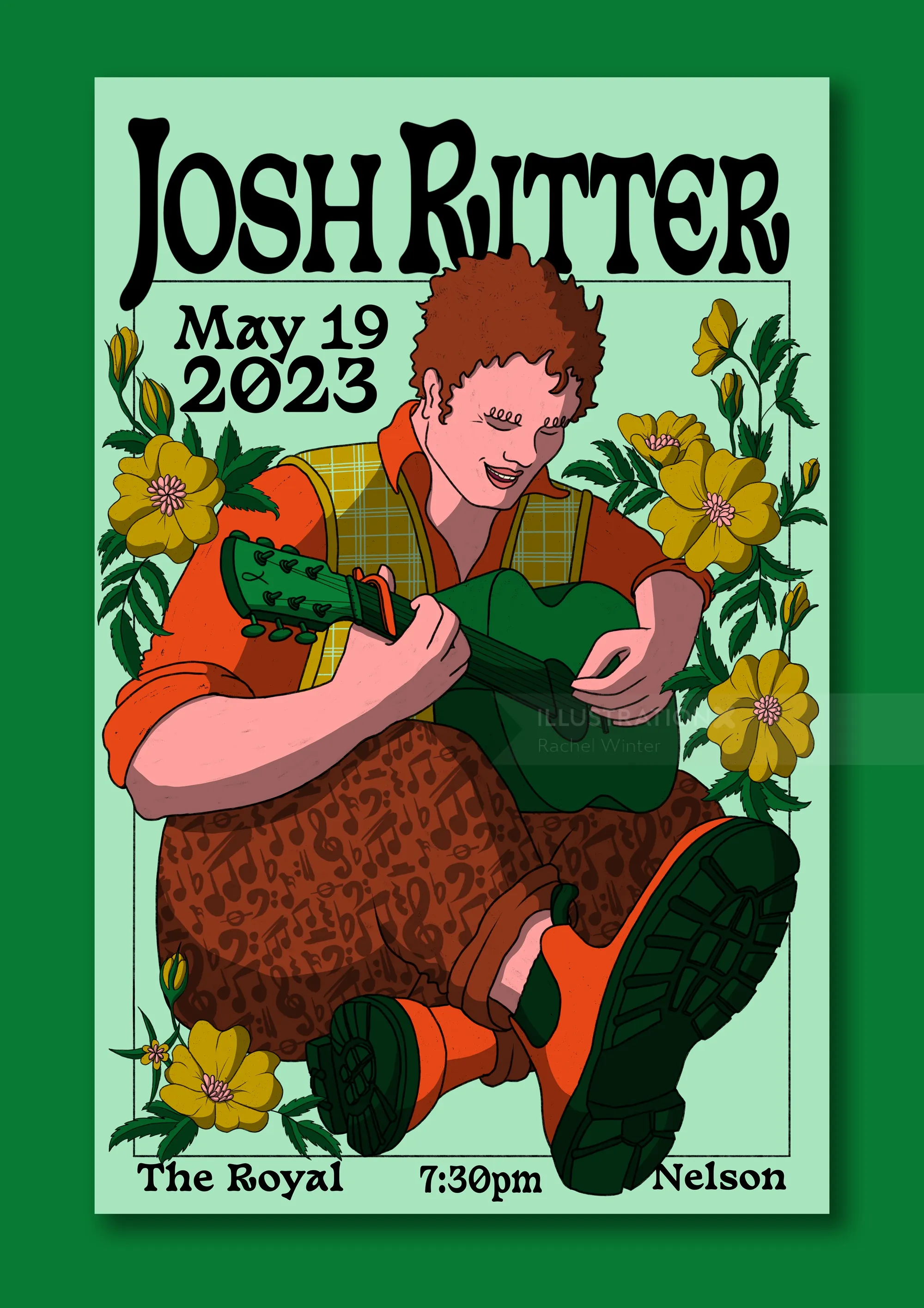 Cartel del concierto de Josh Ritter con ilustración de un músico tocando la guitarra por Rachel Winter
