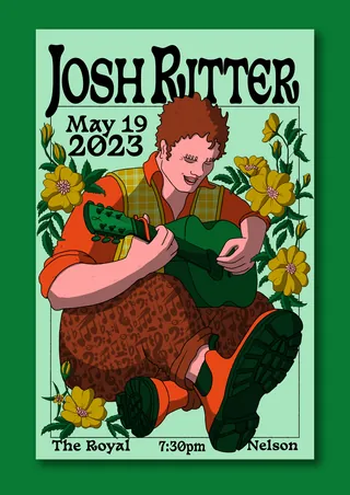 Josh Ritter concert poster with illustrated musician playing guitar by Rachel Winter