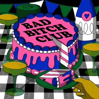 Pink frosted cake with 'Bad Bitch Club' text and party drinks by Rachel Winter