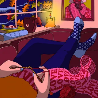 Person knitting with candlelight and fall foliage outside, artwork by Rachel Winter