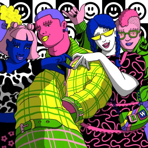 Vibrantly colorful group portrait with diverse characters by Rachel Winter