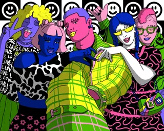 Vibrantly colorful group portrait with diverse characters by Rachel Winter
