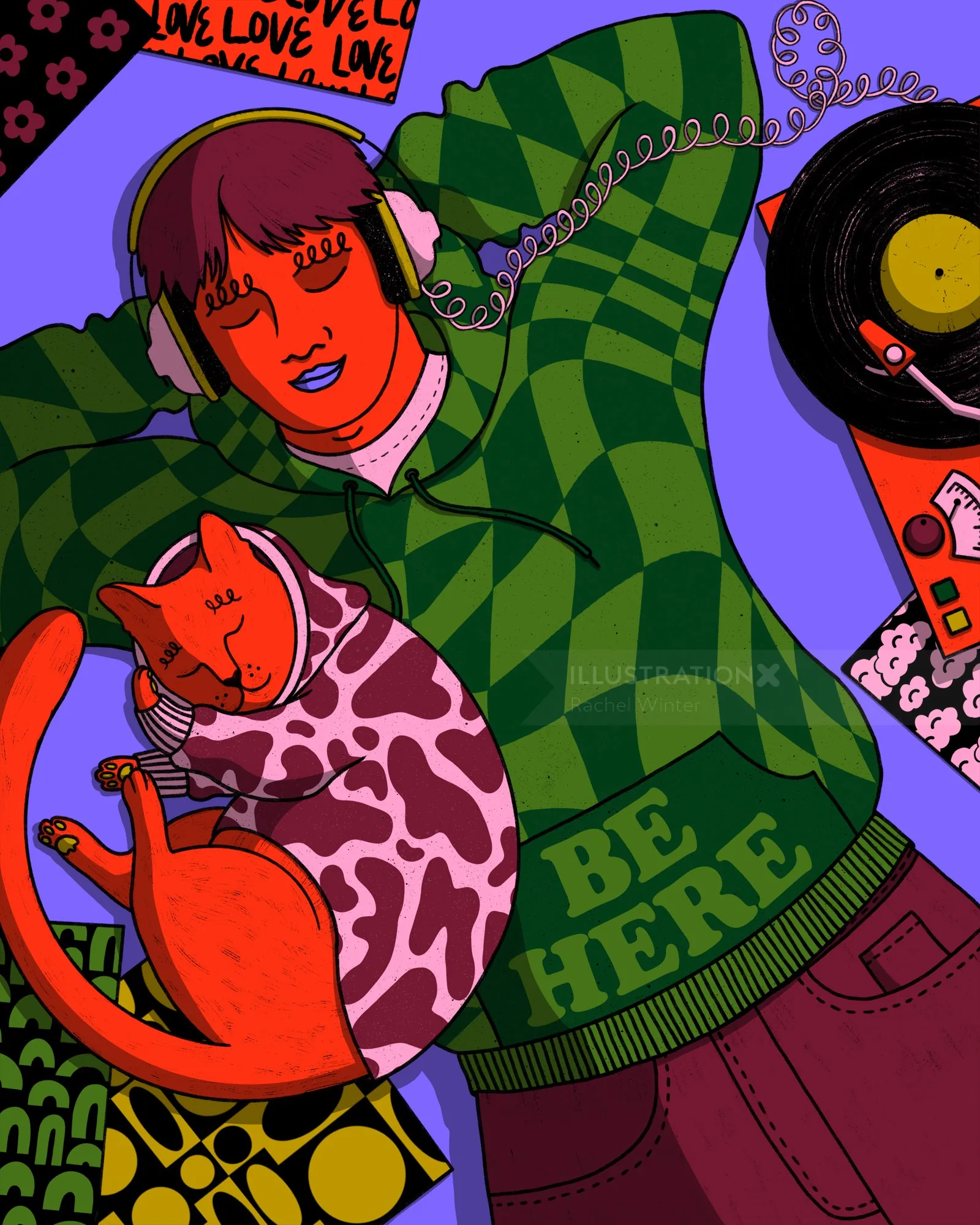 Person in green checkered sweater holding a cat next to a vinyl record, by Rachel Winter
