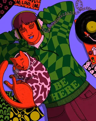 Person in green checkered sweater holding a cat next to a vinyl record, by Rachel Winter