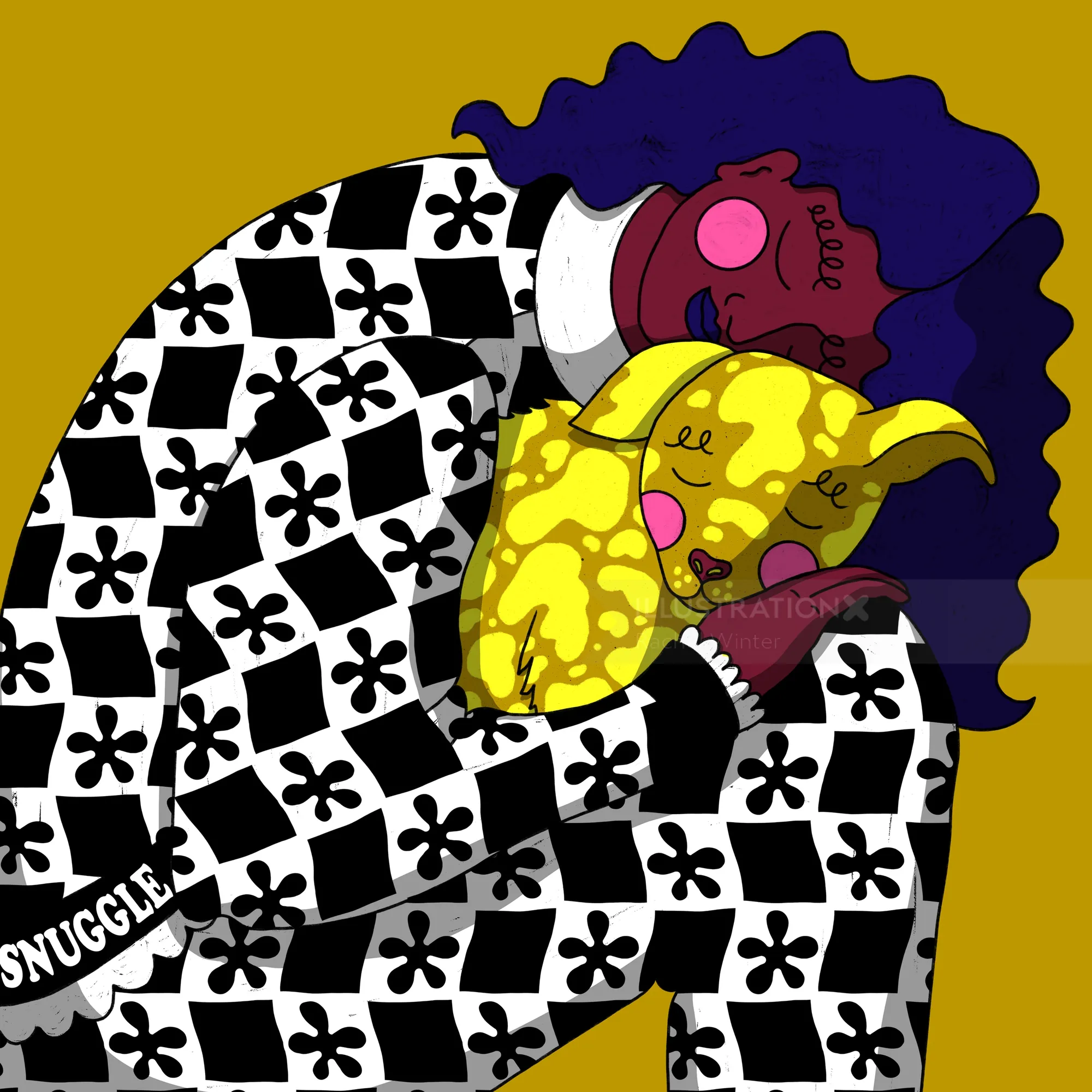 Woman with purple hair cuddling yellow cat wearing checkered outfit by Rachel Winter