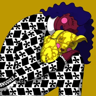 Woman with purple hair cuddling yellow cat wearing checkered outfit by Rachel Winter