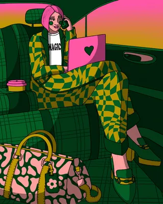 Woman with pink hair in checkered outfit using laptop inside car by Rachel Winter