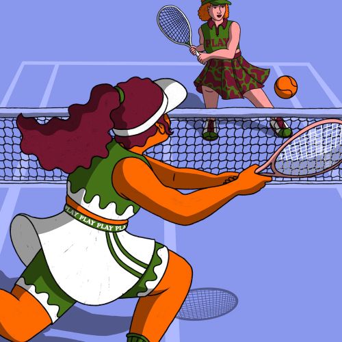Tennis match between two women on court by Rachel Winter