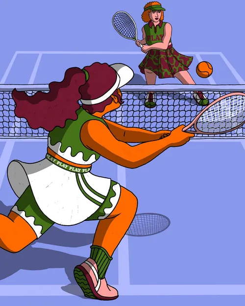 Tennisspiel zwischen zwei Frauen auf dem Platz von Rachel Winter