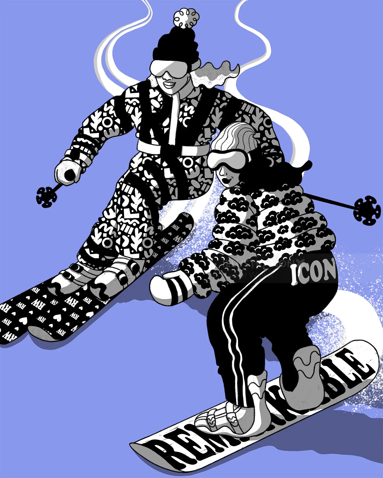 Two people skiing and snowboarding in winter clothing by Rachel Winter