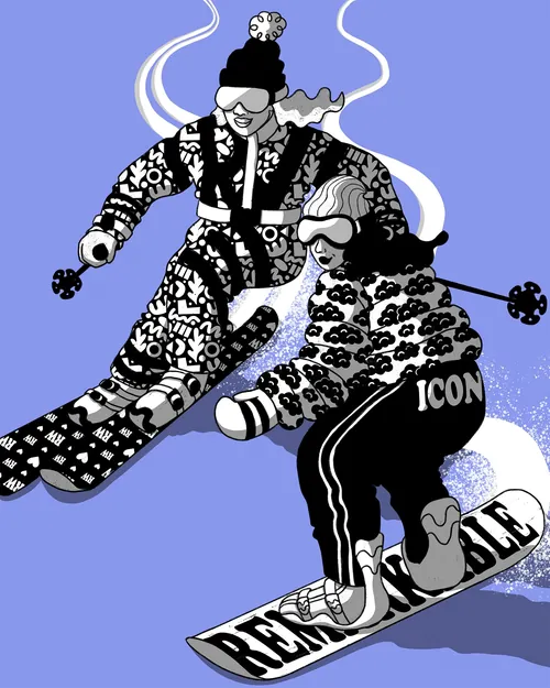 Zwei Personen beim Skifahren und Snowboarden in Winterkleidung von Rachel Winter