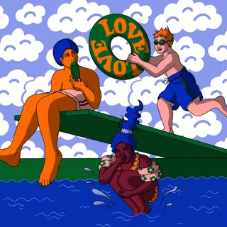 Three people having fun by the pool with a life saver ring by Rachel Winter