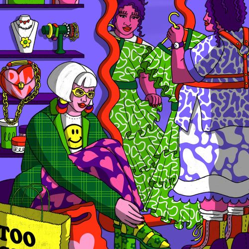 Colorful illustration of women shopping for clothes and accessories by Rachel Winter