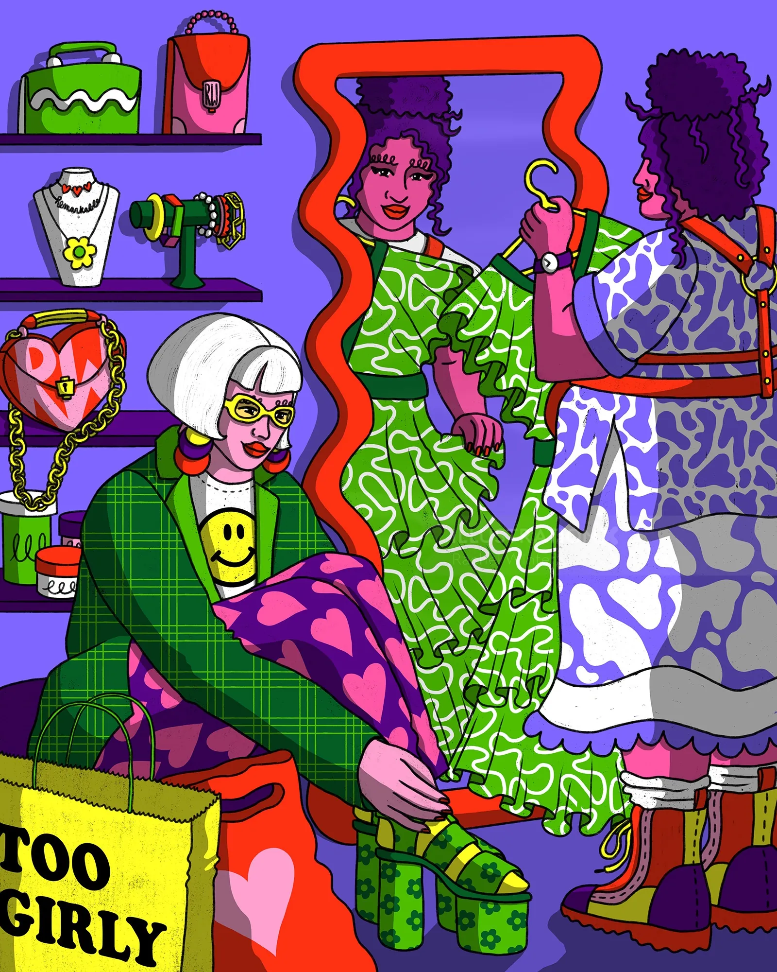 Ilustración colorida de mujeres comprando ropa y accesorios por Rachel Winter