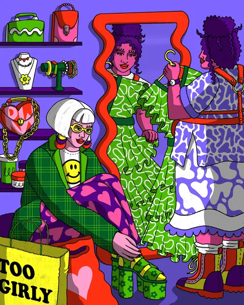 Farbenfrohe Illustration von Frauen, die Kleidung und Accessoires einkaufen, von Rachel Winter