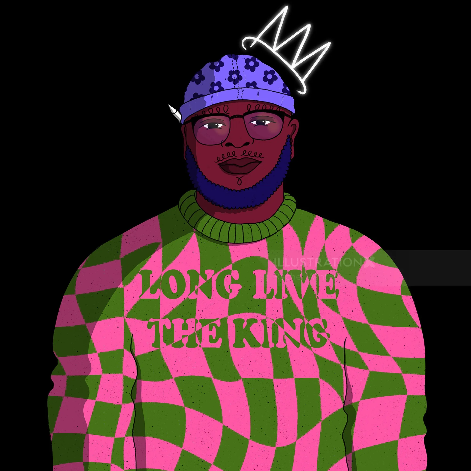 Illustration of person with crown and patterned sweater by Rachel Winter
