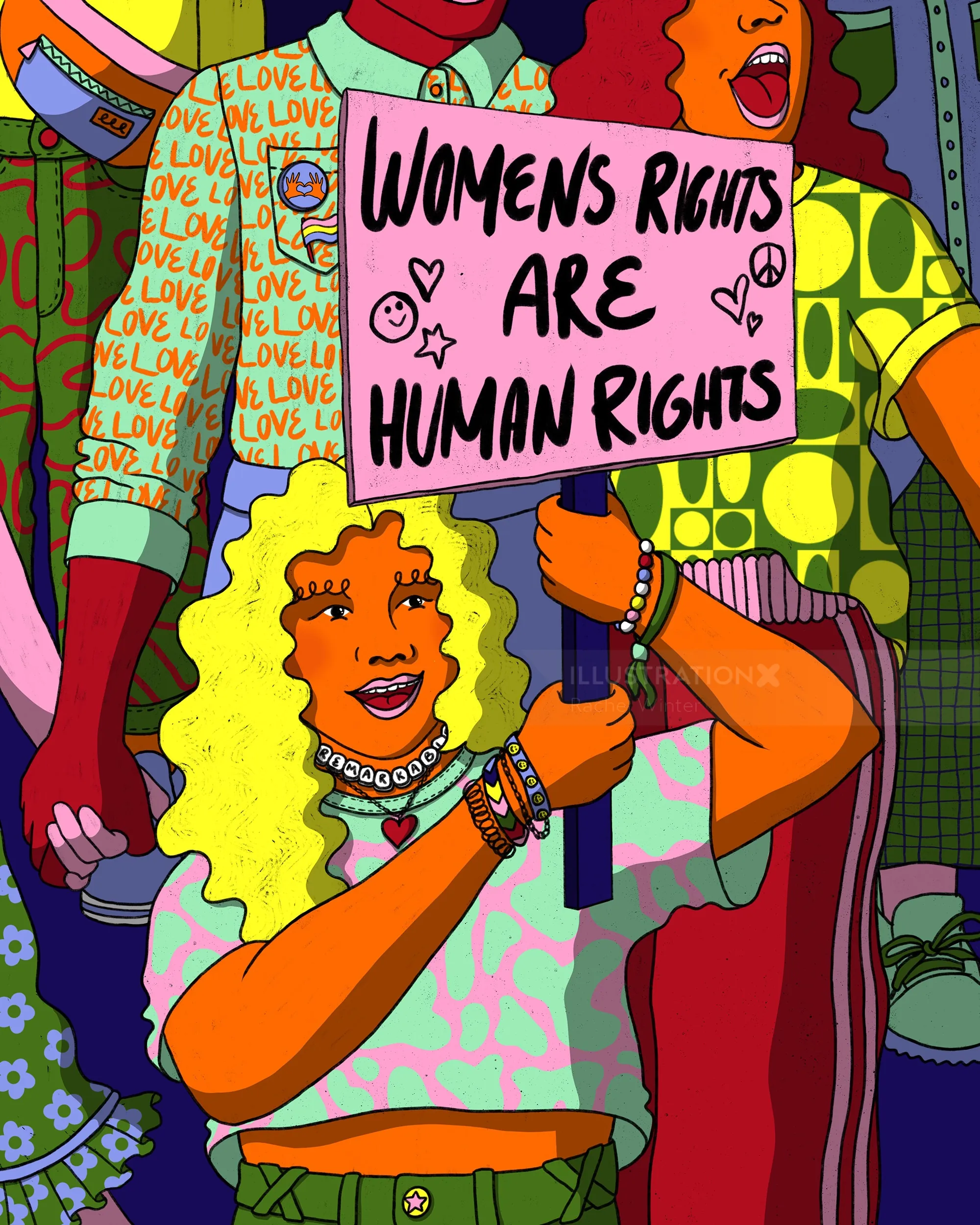 Colorful artwork of women with a sign saying Women's Rights Are Human Rights by Rachel Winter