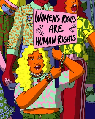 Colorful artwork of women with a sign saying Women's Rights Are Human Rights by Rachel Winter