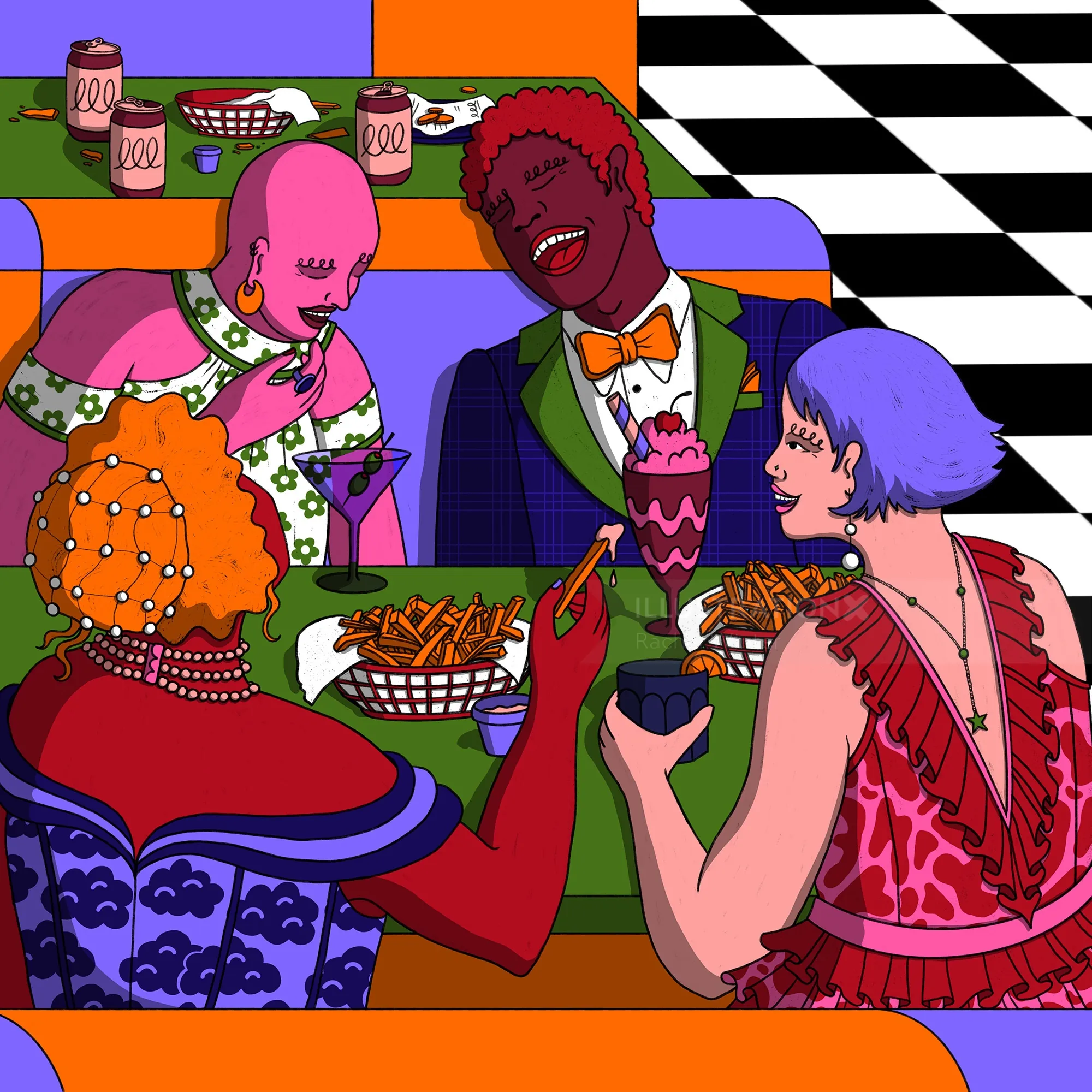 Four friends dining at a colorful retro diner booth by Rachel Winter