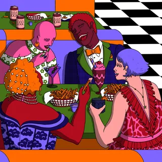 Four friends dining at a colorful retro diner booth by Rachel Winter