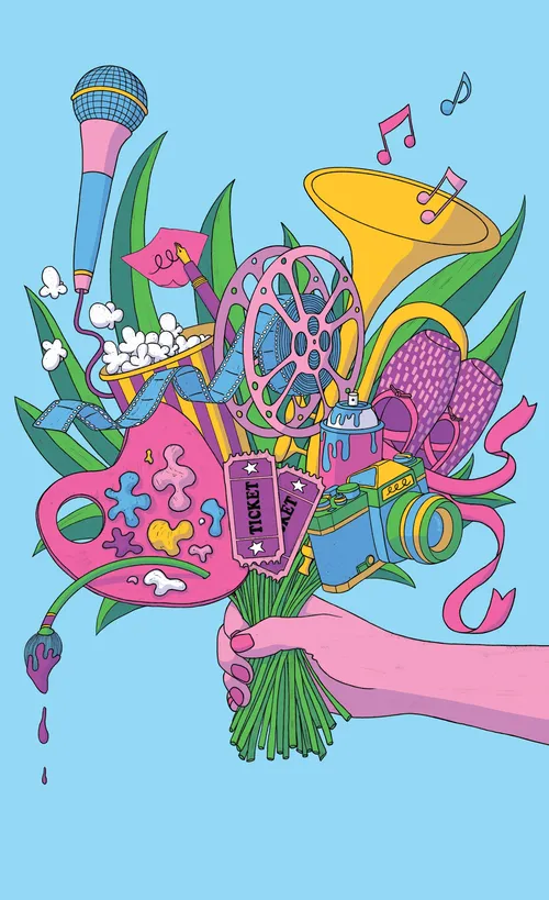 Konzeptillustration mit Musikmotiv und Blumen-Bokeh
