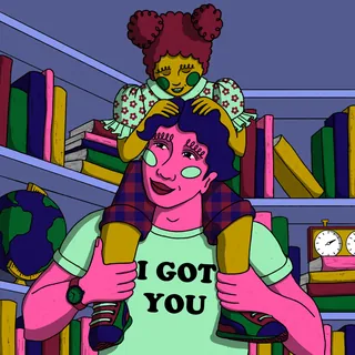 Colorful illustration of child on adult's shoulders in a library by Rachel Winter