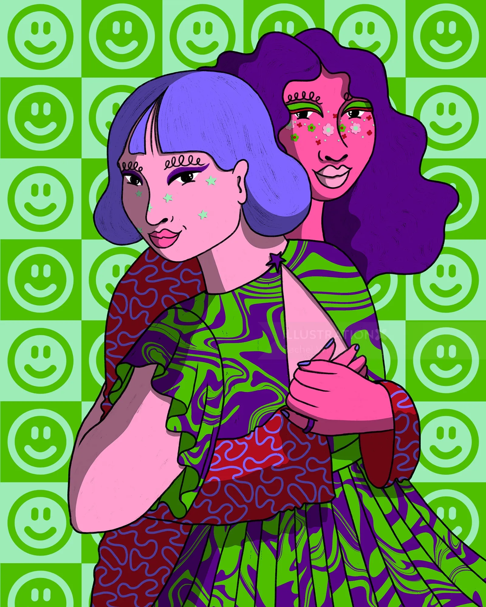 Two women with colorful patterned clothing and green smiley face background by Rachel Winter