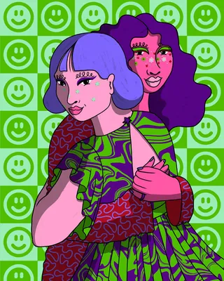 Two women with colorful patterned clothing and green smiley face background by Rachel Winter