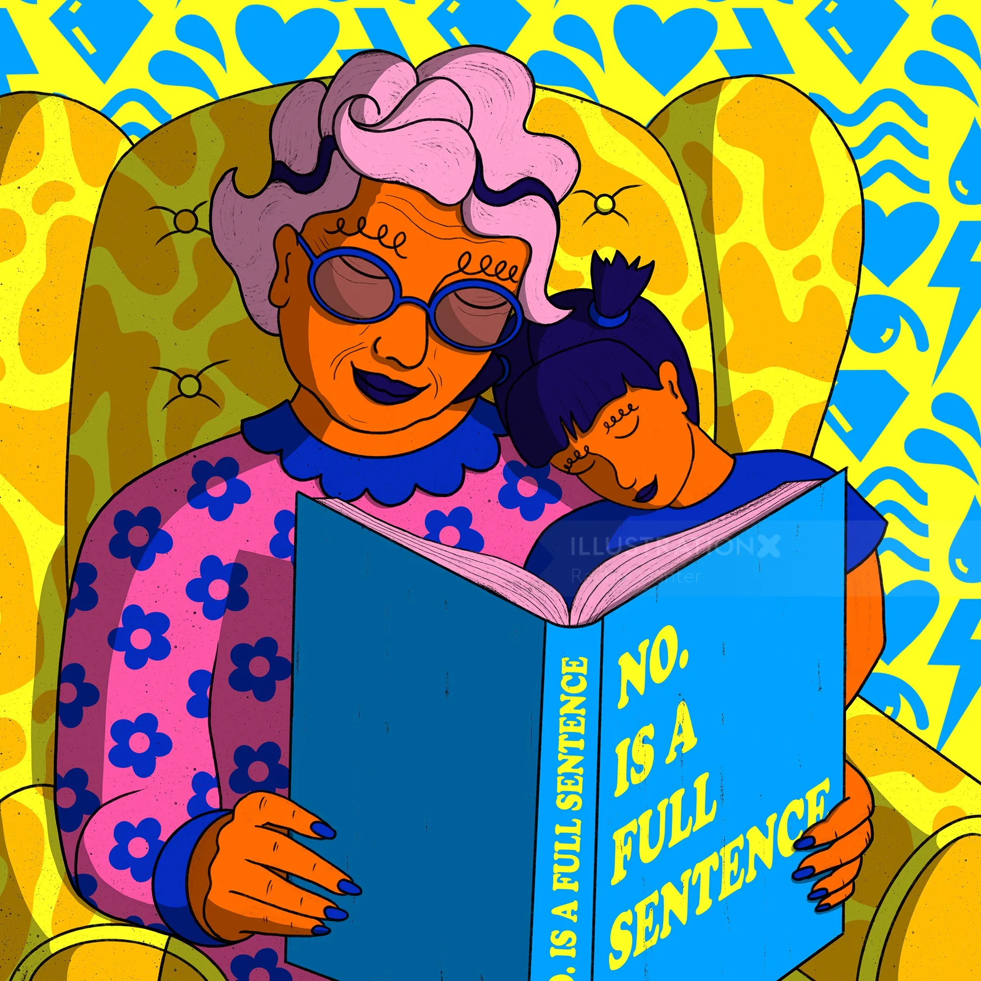 Ilustración de una abuela leyendo un libro a un niño por Rachel Winter