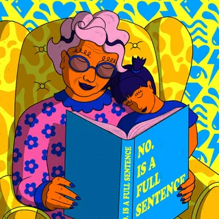 Illustration of grandmother reading book to child by Rachel Winter