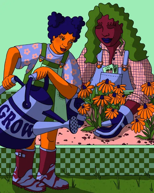 Zwei Personen gießen Orangenblumen, Illustration von Rachel Winter