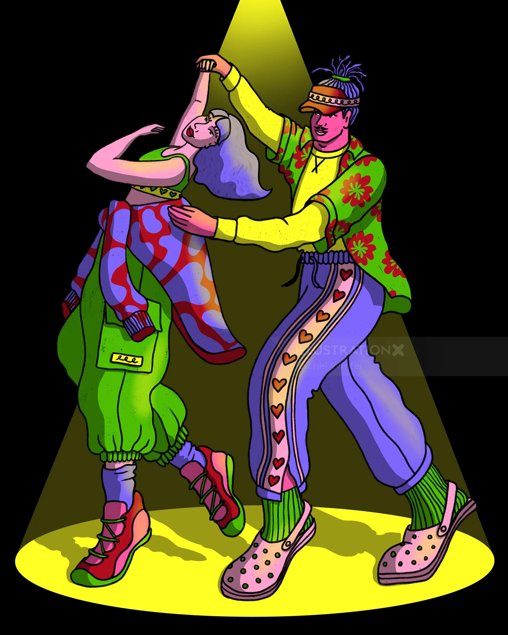 Illustration of a dancing couple in colorful clothes by Rachel Winter