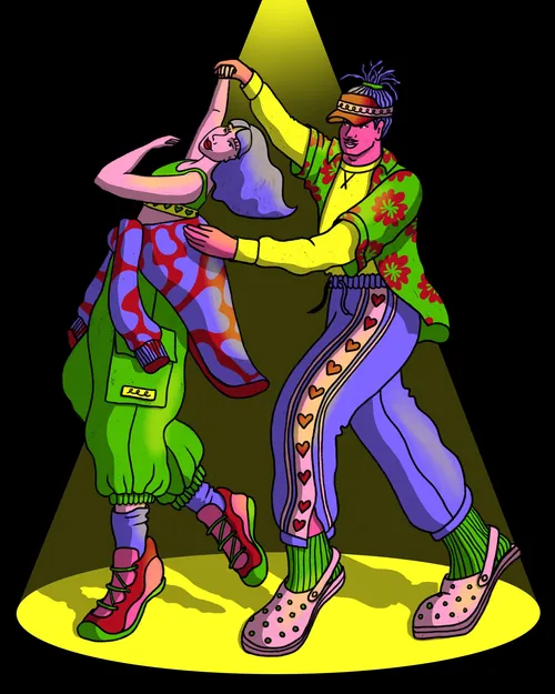 Illustration eines tanzenden Paares in farbenfroher Kleidung von Rachel Winter