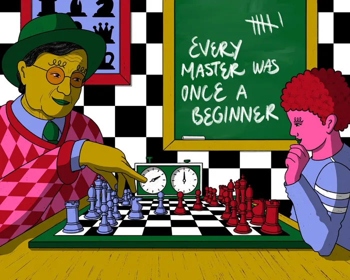 Chess game in progress with two players and a chalkboard quote by Rachel Winter