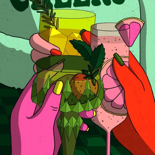 Illustration of colorful hands holding cocktails with cheers text by Rachel Winter