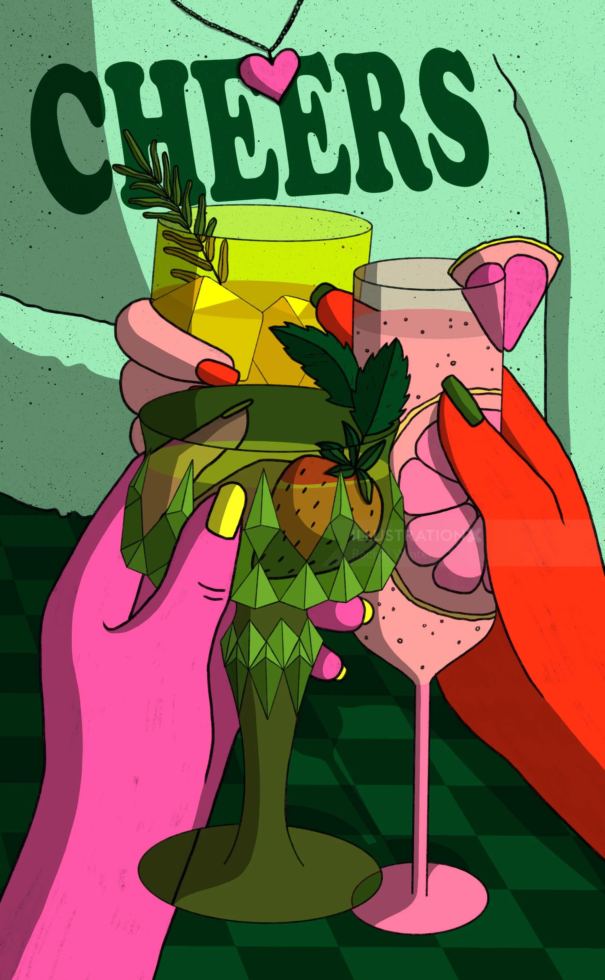Illustration von bunten Händen, die Cocktails halten, mit dem Text "Prost" von Rachel Winter
