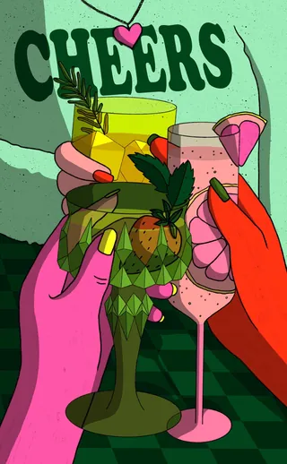 Illustration of colorful hands holding cocktails with cheers text by Rachel Winter