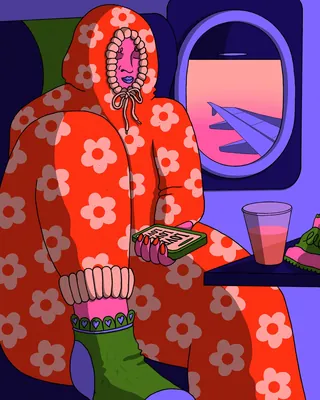 Passenger wearing floral hooded coat holding phone on airplane by window by Rachel Winter
