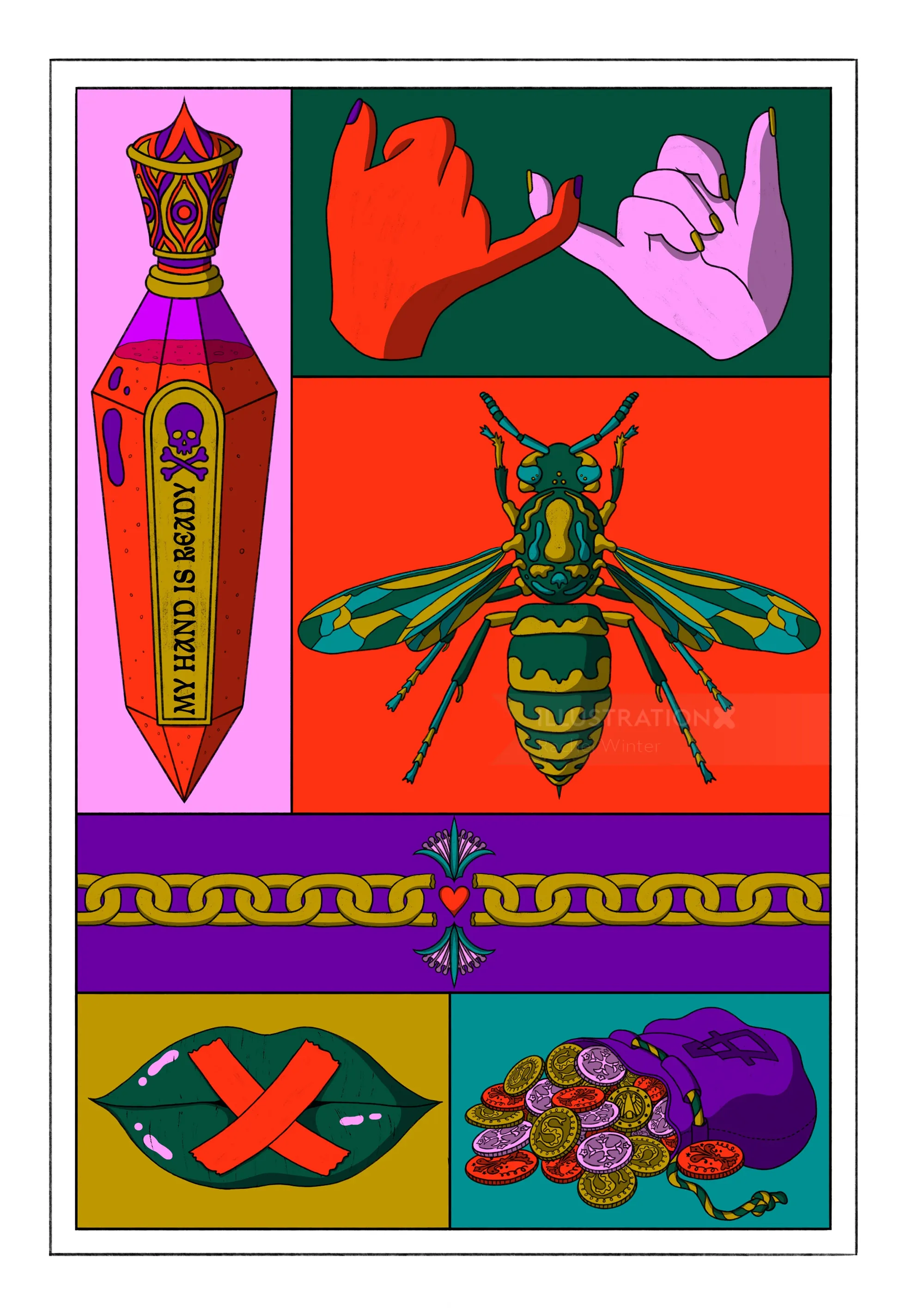 Pop art panels with a wasp, pinky swear hands, coins, and symbols by Rachel Winter
