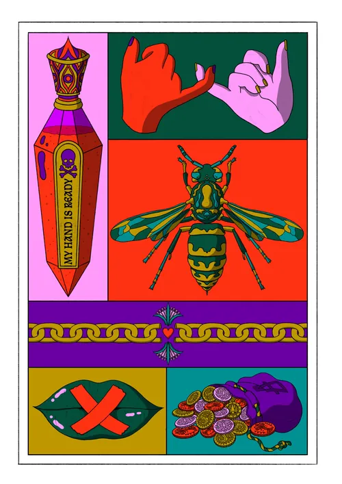 Pop-Art-Tafeln mit einer Wespe, Händen, die einen kleinen Finger zum Schwur formen, Münzen und Symbolen von Rachel Winter