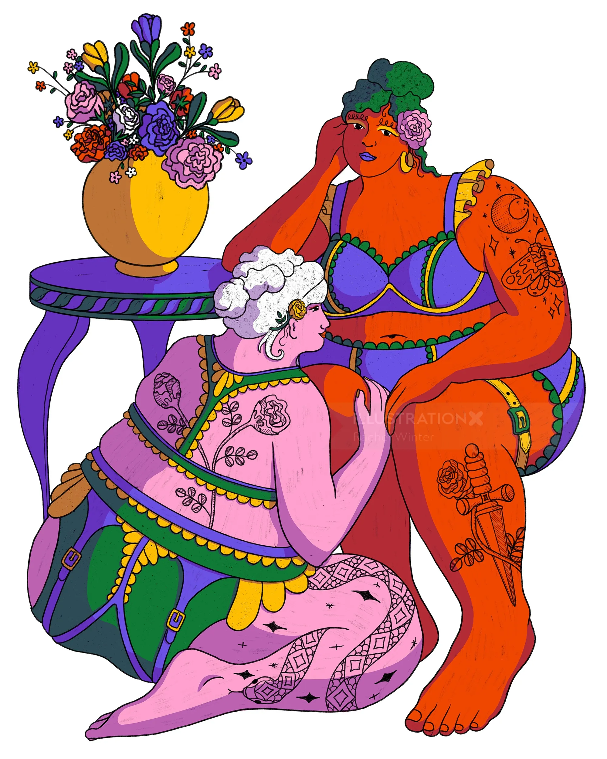 Dos mujeres en lencería llamativa con tatuajes florales, un jarrón de flores cerca por Rachel Winter