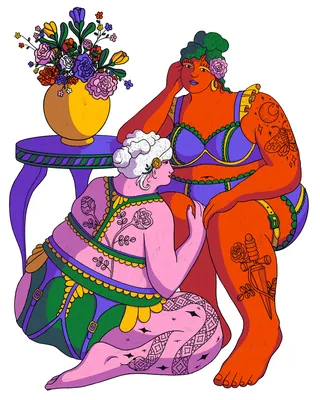 Two women in vibrant lingerie with floral tattoos, vase of flowers nearby by Rachel Winter