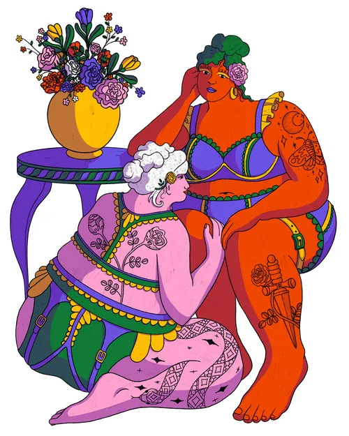 Zwei Frauen in farbenfroher Lingerie mit floralen Tattoos, eine Blumenvase daneben (Foto: Rachel Winter)