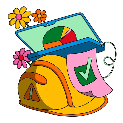 Illustration von Laptop, Schutzhelm und Sicherheitscheckliste von Rachel Winter
