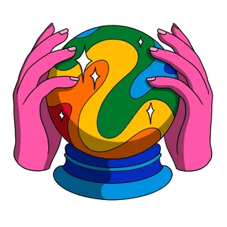 Bright colorful crystal ball with pink hands holding it, illustration by Rachel Winter