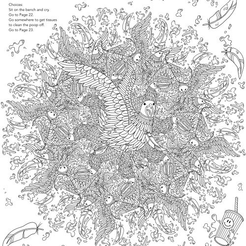 Detailed coloring book page of birds and feathers by Rachel Winter