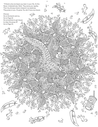 Detailed coloring book page of birds and feathers by Rachel Winter