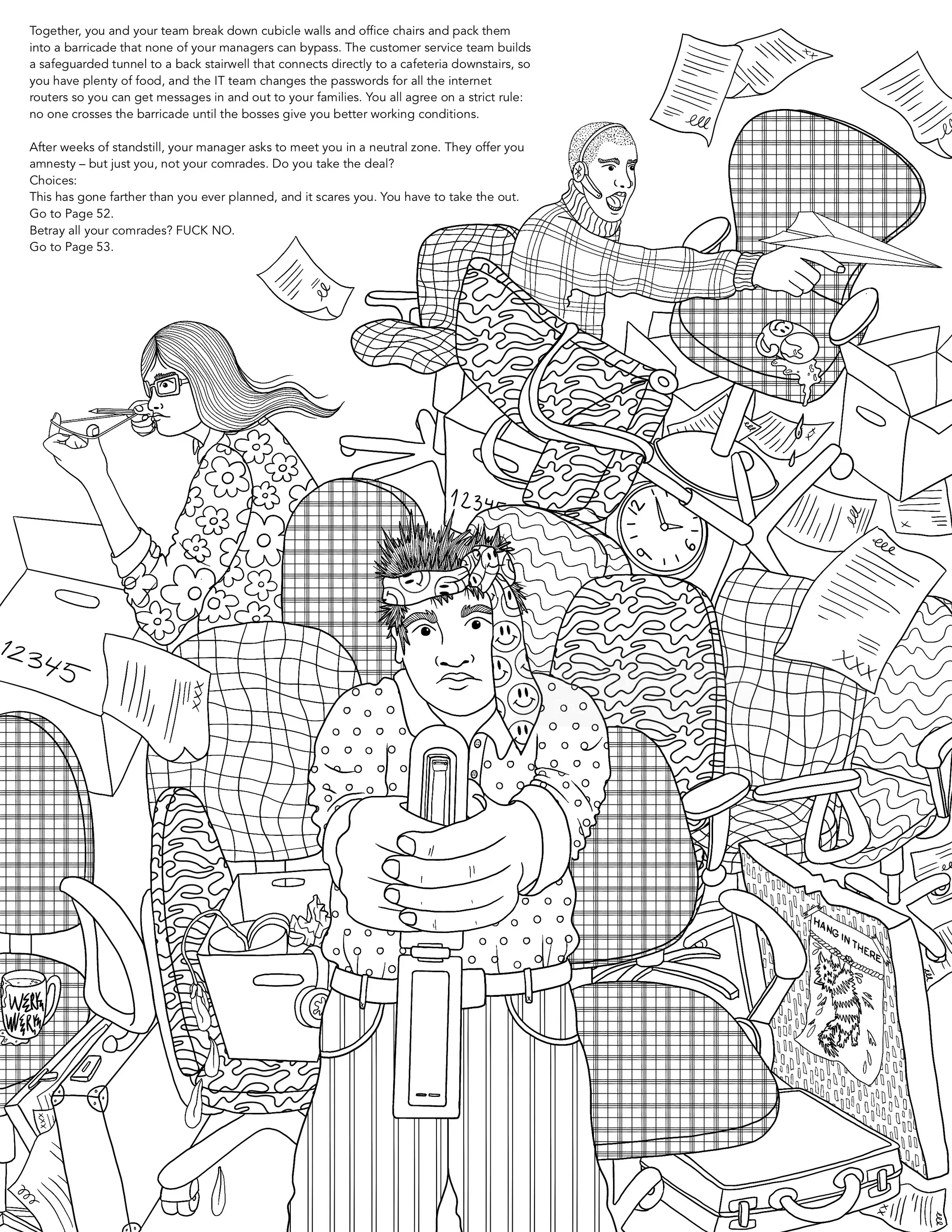 Detaillierte Büroszene mit Personen und Papieren, Ausmalbild von Rachel Winter